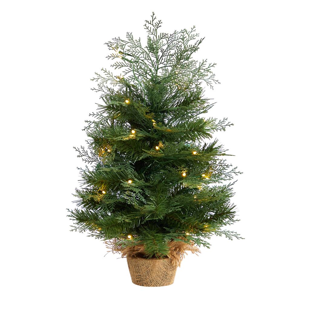 2' Artificial Christmas Tree in Burlap Base with 35 Warm White LED Lights