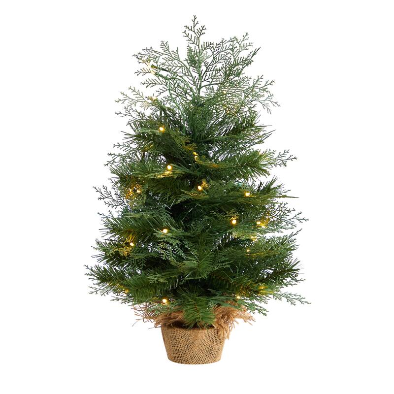 Pre-Lit Mini Artificial Christmas Tree with Burlap Base - 2' - Warm White LED Lights - 2 Foot