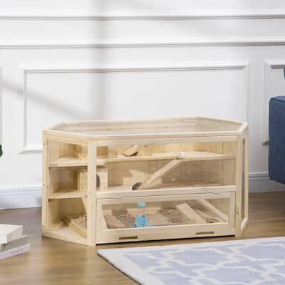 Large 3-Tier Hamster Cage with Clear Walls and Solid Wood Frame Toys and Hideouts for Small Pets - 45.25" L x 23.5" W x 21.75" H