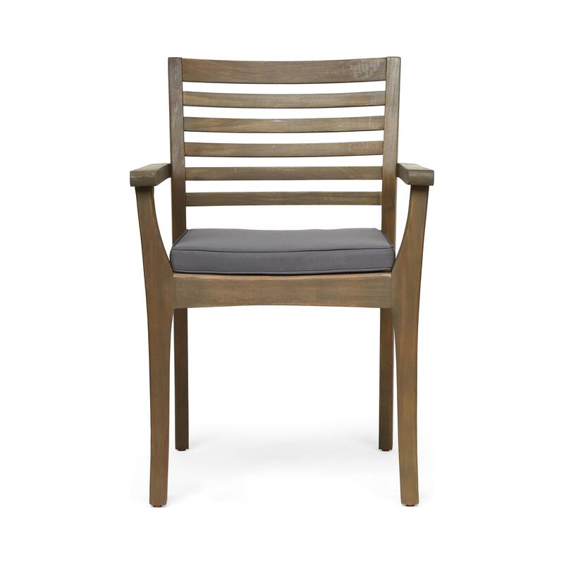 Dining Chair, Slatted Back, Modern, Teak Brown Acacia Wood, Gray Fabric