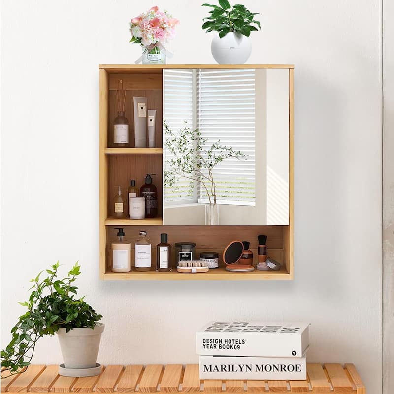 Wall Mounted Bamboo Bathroom Mirror Cabinet Storage Shelves with Door Right Open