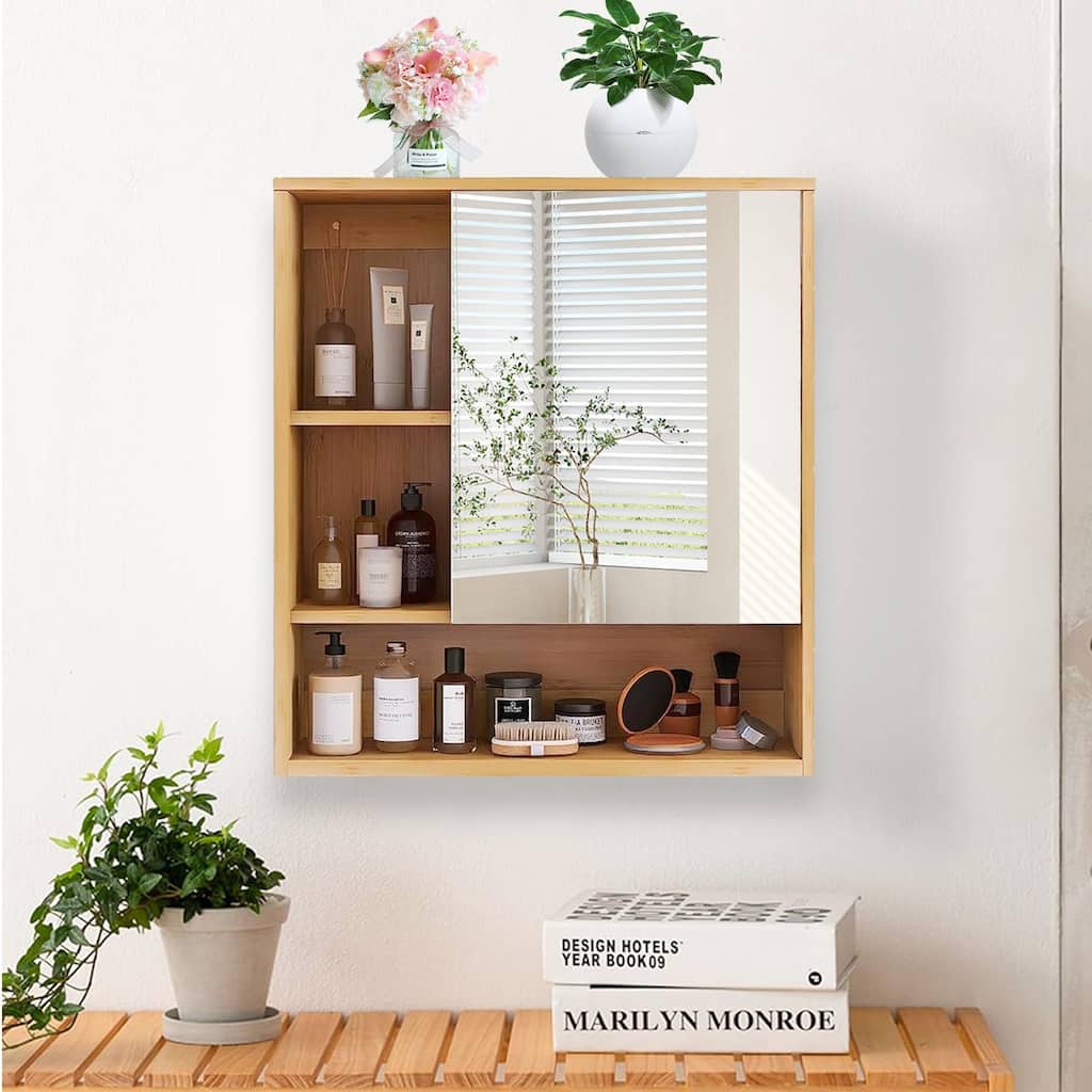 Wall Mounted Bamboo Bathroom Mirror Cabinet Storage Shelves with Door Right Open