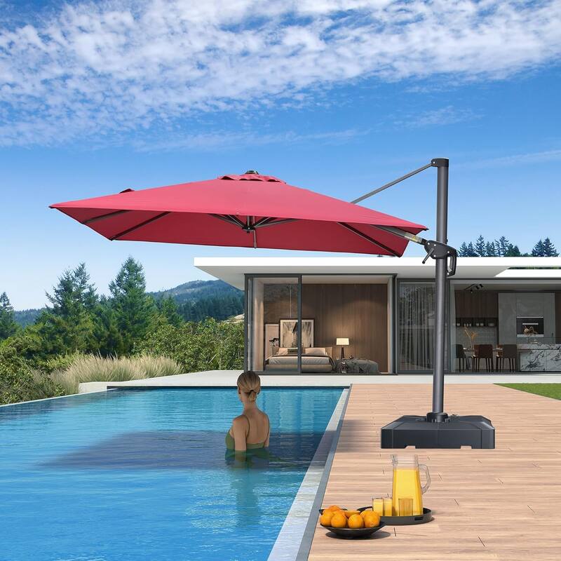 PURPLE LEAF 8ft Patio Umbrella with Base for Pool Outdoor Cantilever Umbrella Swimming Pool Umbrella with 360°Rotation - Red