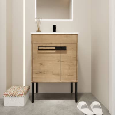 24 inch MDF Freestanding Bathroom Vanity Set with Doors and Open Shelf and Integrated Ceramic Sink
