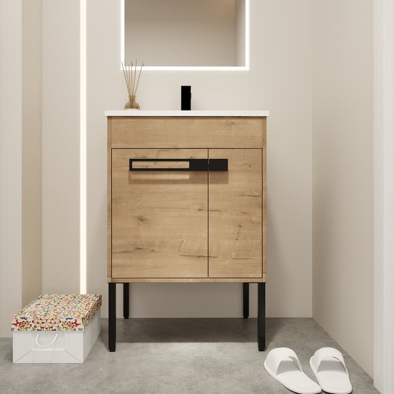 24 inch Plywood Freestanding/Wall Mounted Bathroom Vanity Set with Doors and Shelf and Integrated Ceramic Sink