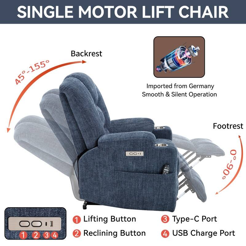 Large Power Lift Recliner with Massage & Heat - Heavy Duty Wide Recliner Chair for Elderly, USB/Type-C Charging, Cup Holders