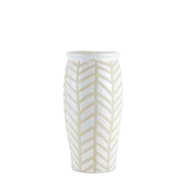 Crackled Textured Ceramic Table Vase with Geometric Pattern, Large, White and Beige