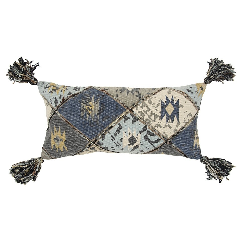 Indigo Gray Tribal Corner Tasseled Lumbar Pillow Indigo Gray Tribal Corner Tasseled Lumbar Pillow