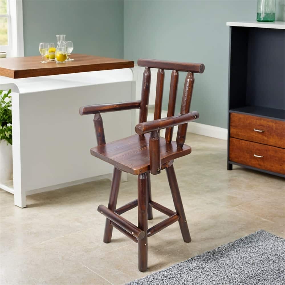 Rustic Bar Stool-Fir Wood Construction,Chair w/Footrest,Wide Armrest