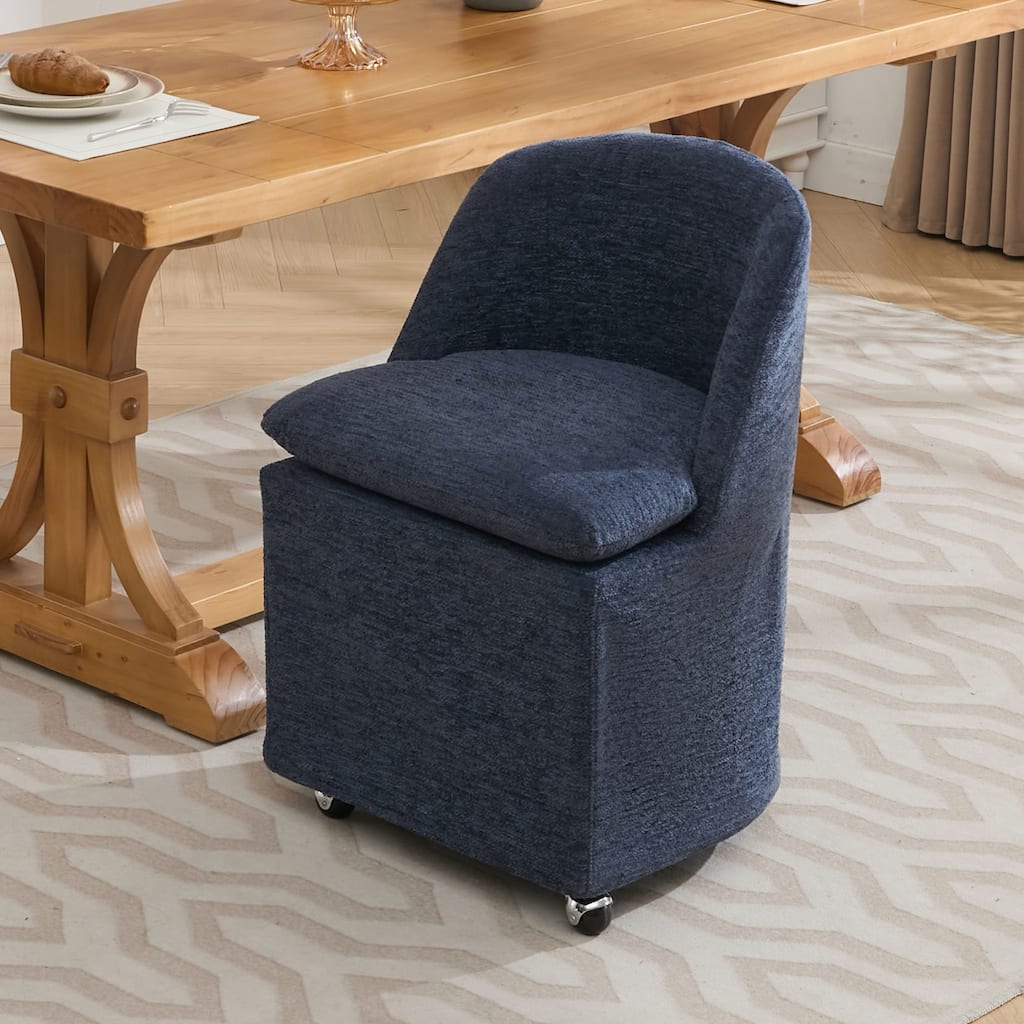 Set of 2 Chenille Fabric Dining Chairs With Universal Wheels,Blue