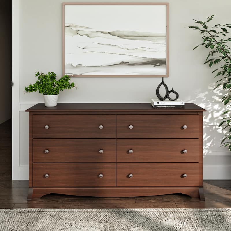 Prepac Monterey 6 Drawer Double Dresser for Bedroom, Wide Chest of Drawers, Traditional Bedroom Furniture - Cherry