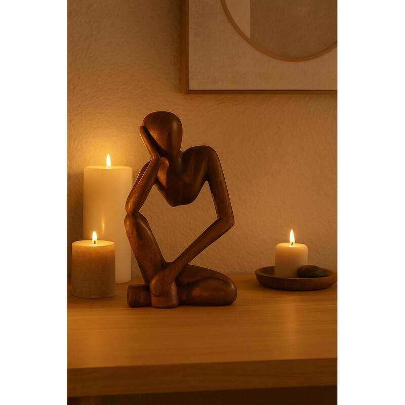 12" Wooden Handmade Abstract Sculpture Statue Handcrafted "Thinking Man" Gift Art Home Decor Figurine Decoration Hand Carved