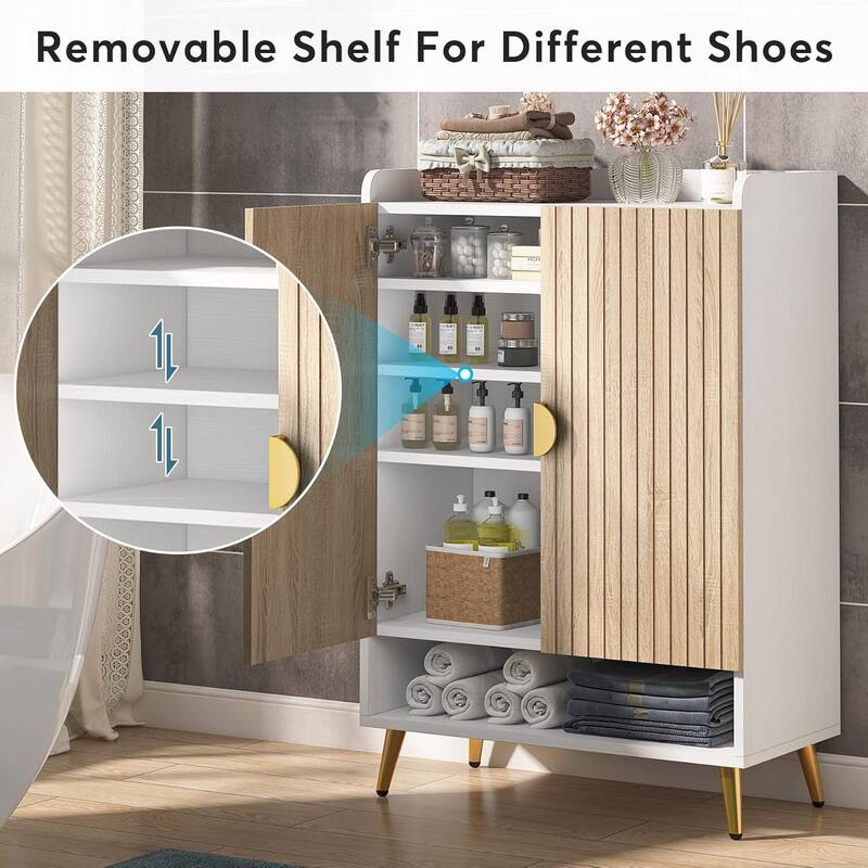 29" White & Natural Wooden Shoe Cabinet, 7-Tier