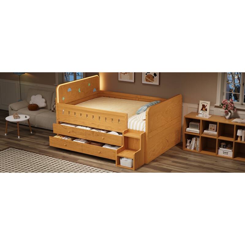 Roomfitters Full Size Wooden Bed with LED Headboard, 4 Storage Drawers and Ladder