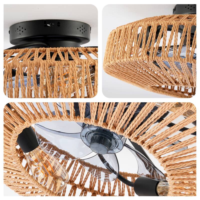 20" Rope Caged Ceiling Fans with Remote, Flush Mount Ceiling Fan with Light, Low Profile Chandelier 6 Speed DC Motor