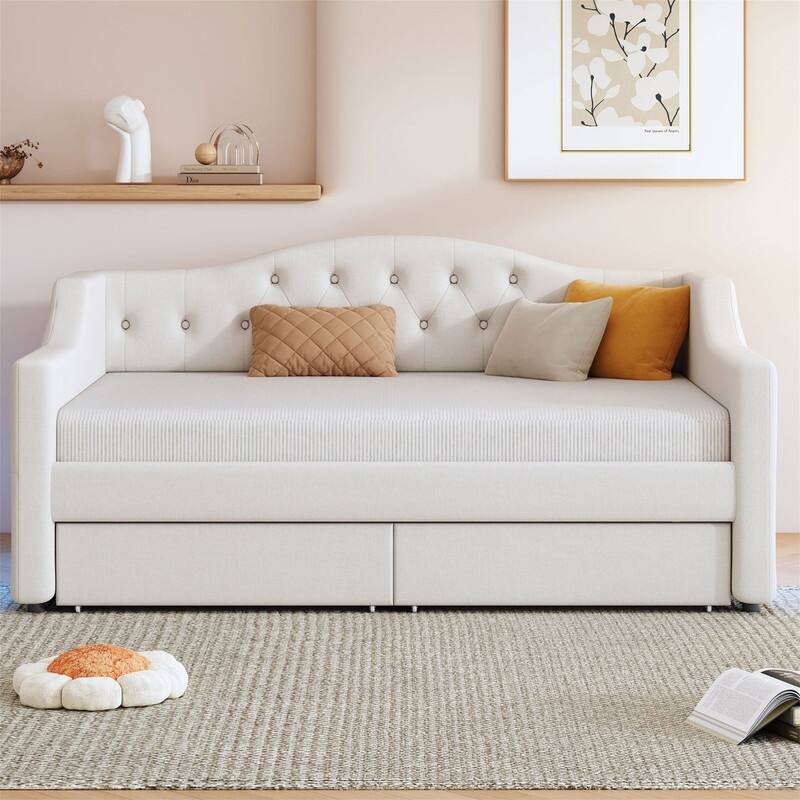 Twin XL Size Daybed with LED Belt and 2 Storage Drawers, Upholstered Daybed Frame Sofa Bed with Slats Support for Bedroom