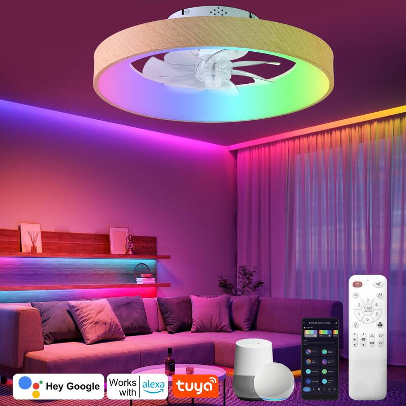 Cusp Barn 20" Modern RGB Ceiling Fans with Light, Low Profile Flush Mount Smart Ceiling Fan with Alexa/Tuya APP/Voice Control