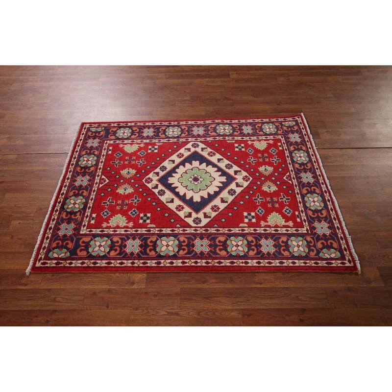 Geometric Red Kazak Oriental Foyer Rug Hand-Knotted Wool Carpet - 3'3" x 4'9"