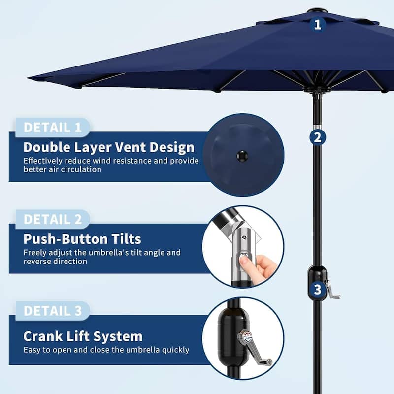 9FT Outdoor Table Patio Umbrella with Crank Lift & Push Button Tilt for Pool, Deck, Yard, Garden