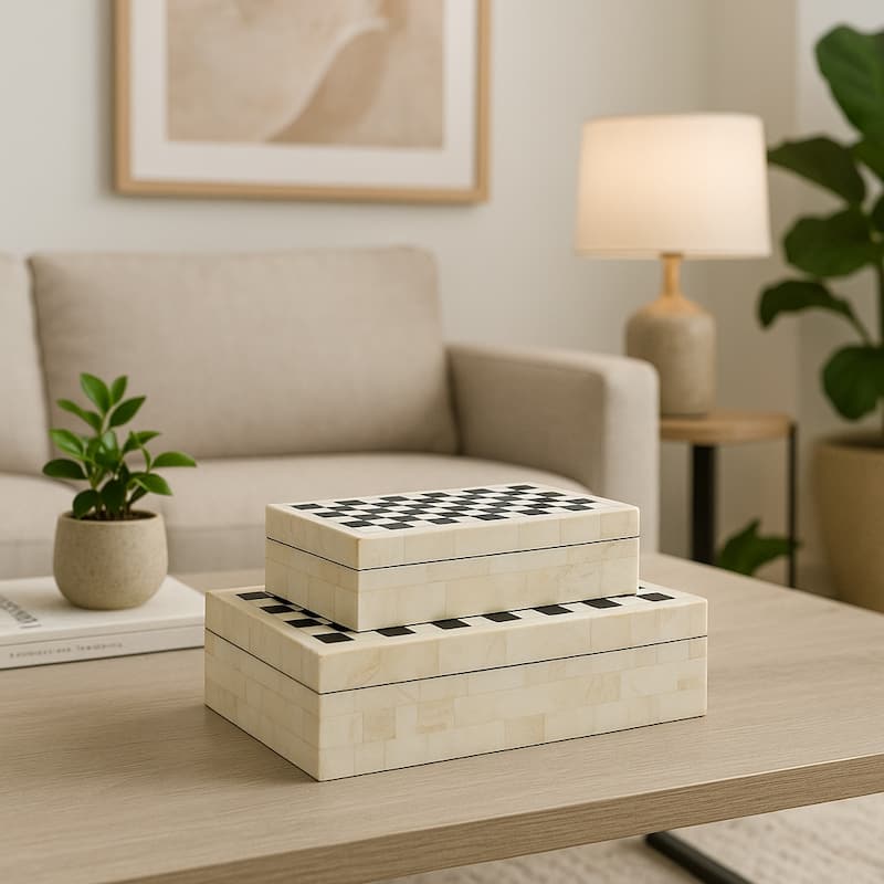Black and White Checkered Polyresin & MDF Storage Boxes - Set of 2 - 12" x 8" x 3.75"