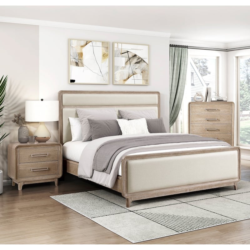 3pc Bedroom Set Upholstered Bed Chest Nightstand Contemporary Natural Finish