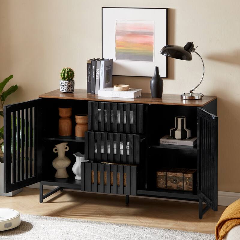 47.3" Horizontal Dresser with 3 Drawer and 2 Doors, Slatted Grille Striped Design and Hollow Caving