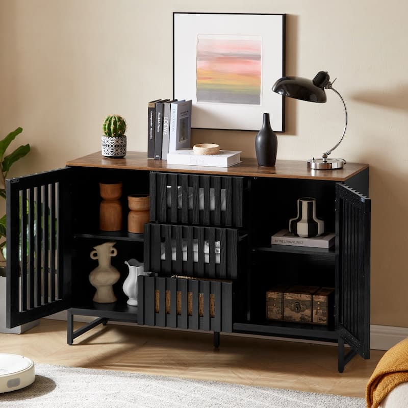 Modern Style Dressing with Grille Stripe Door 3 Drawers and 4 Shelves, for Living Room, Dining Room Office