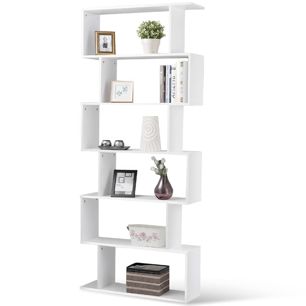 S-Shaped 6 Tier Room Dividing Bookcase Wooden Storage Display
