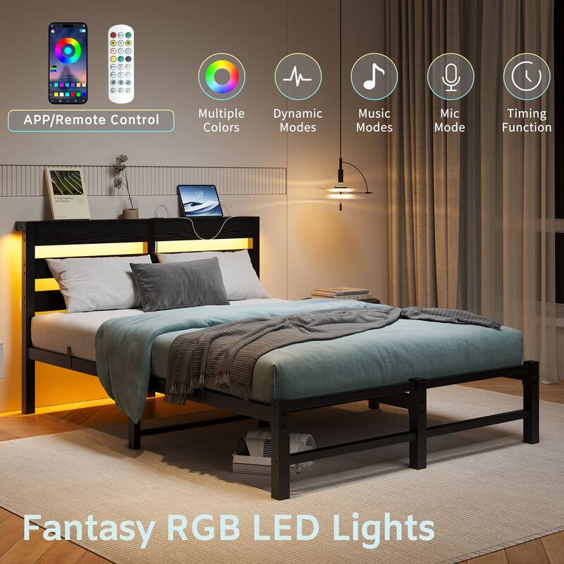 Metal Frame Platform Bed with USB Charging Station