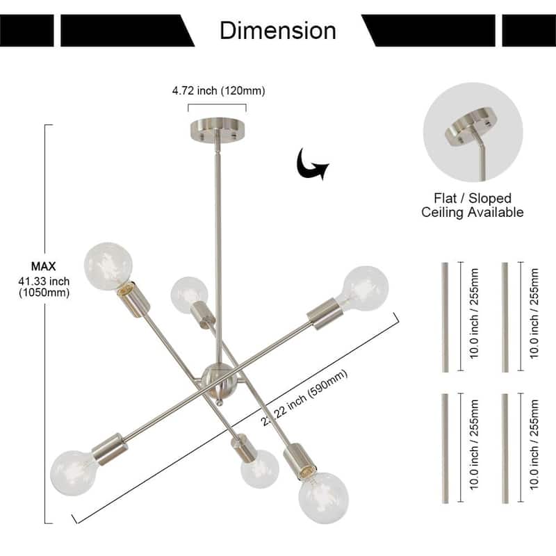 6-Light Mid-Century Sputnik Chandelier in Brushed Nickel with Gold Accents