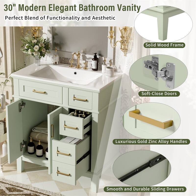 30" Bathroom Vanity with Ceramic Sink, Soft-Close Doors, Deep Drawer