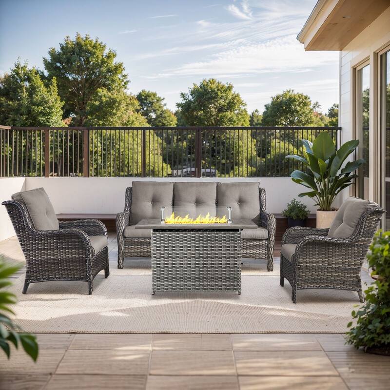 Gymojoy 4-Piece Outdoor Wicker Furniture Set, 2 Patio Chairs, 3-Seat Sofa & Fire Pit Table - Grey Wicker / Grey Cusion - 4-Piece