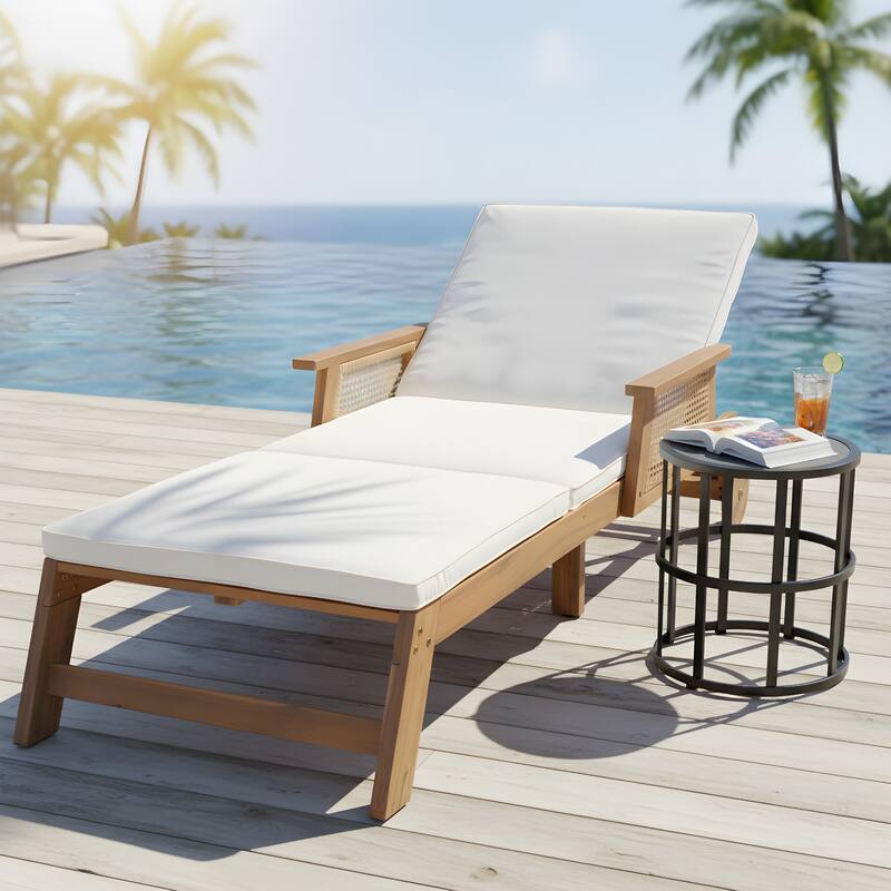 Christopher Knight Home - Soli Outdoor Acacia Wood 3-Position Adjustable Chaise Lounge Set with 19.29" H Ceramic Tile Side Table - 2-Piece Set-Brown+Black