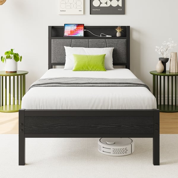 slide 2 of 12, Twin Size Bed Frame with Charging Station Storage Headboard Noise Free Solid Easy Assembly Grey