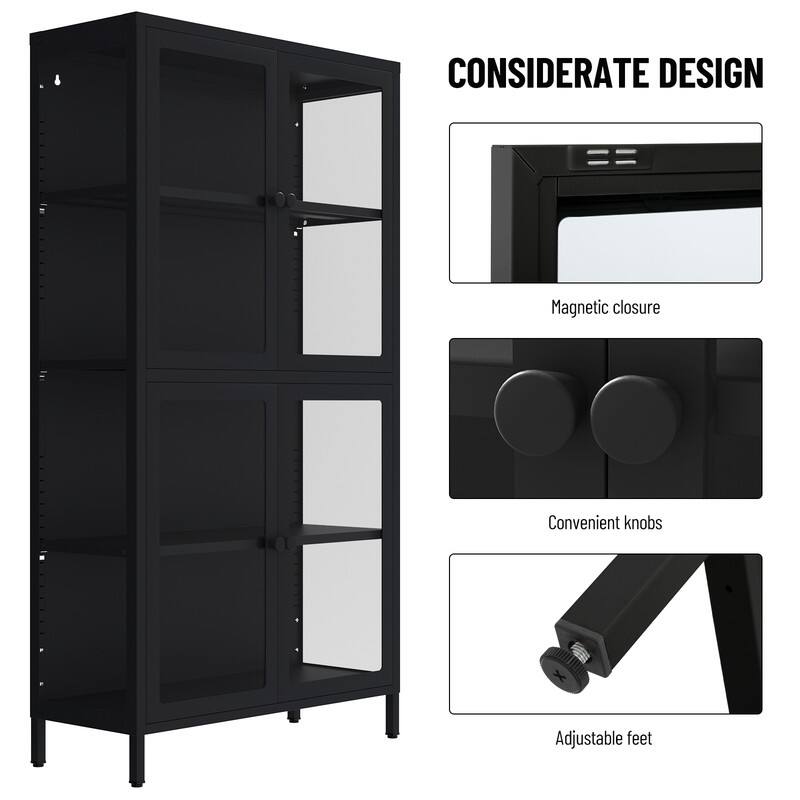 Storage Cabinet with 4 Glass Doors, Modern Sideboard Cabinet with Adjustable Shelves & Steel Feet, Accent Cabinet for Kitchen