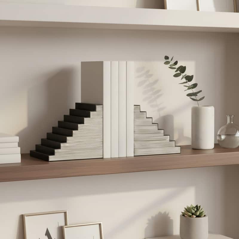 Decorative Striped Stair-Step Bookends - Set of 2, 6", Black & White - 6.0"