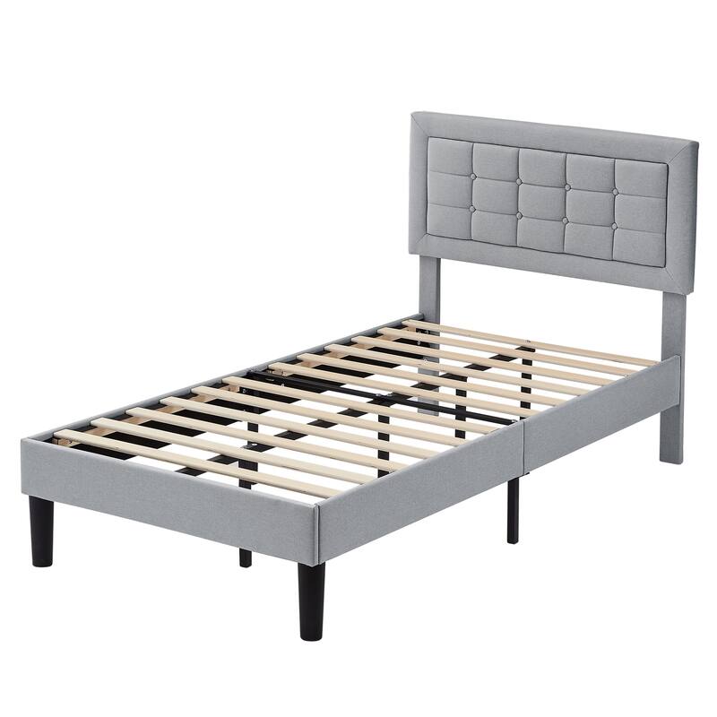 VECELO Tufted Upholstered Kids Bed with Adjustable Headboard,Twin Size Bed Set of 2