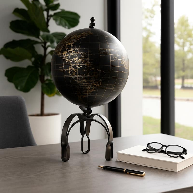 Modern Globe Sculpture with Unique Metal Stand for Home Decor - 13" x 13" x 22"