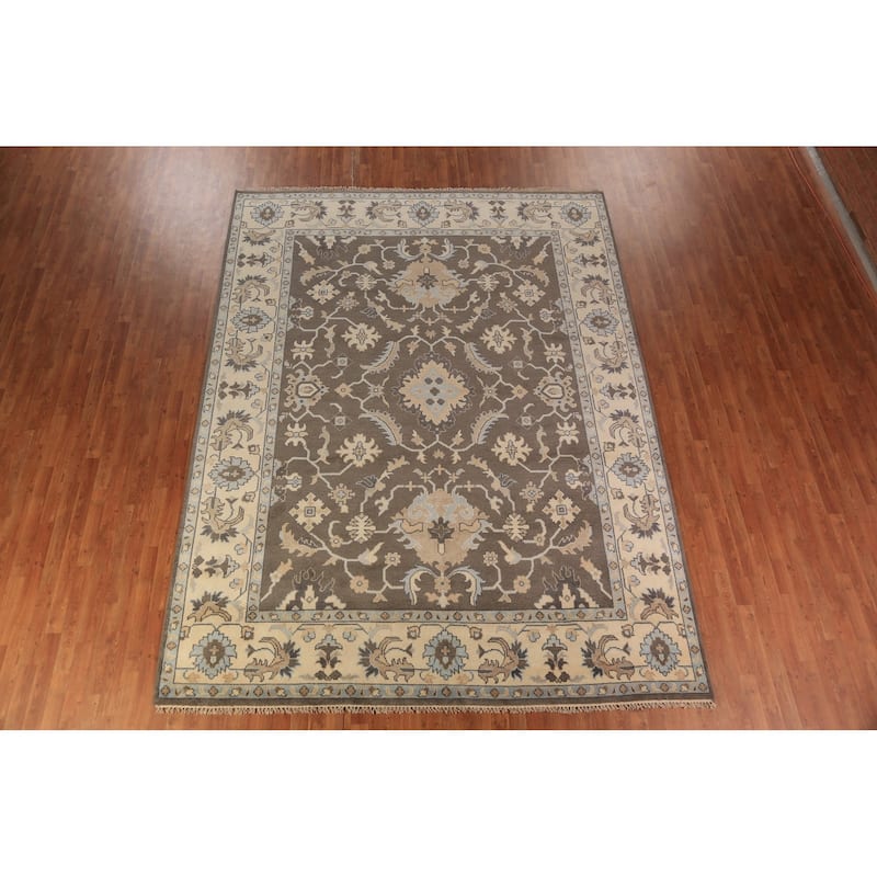 Brown Floral Oushak Indian Area Rug Hand-Knotted Wool Carpet - 9'0"x 11'10"