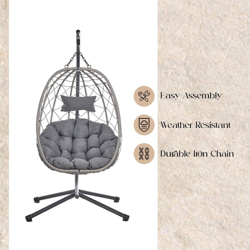 LeisureMod Summit Foldable Hanging Egg Swing Chair with Removable Cushion for Porch, Patio, Backyard, Garden, Lounge