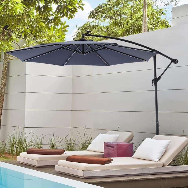 HOMEFUN 10ft Solar LED Offset Hanging Market Patio Umbrella