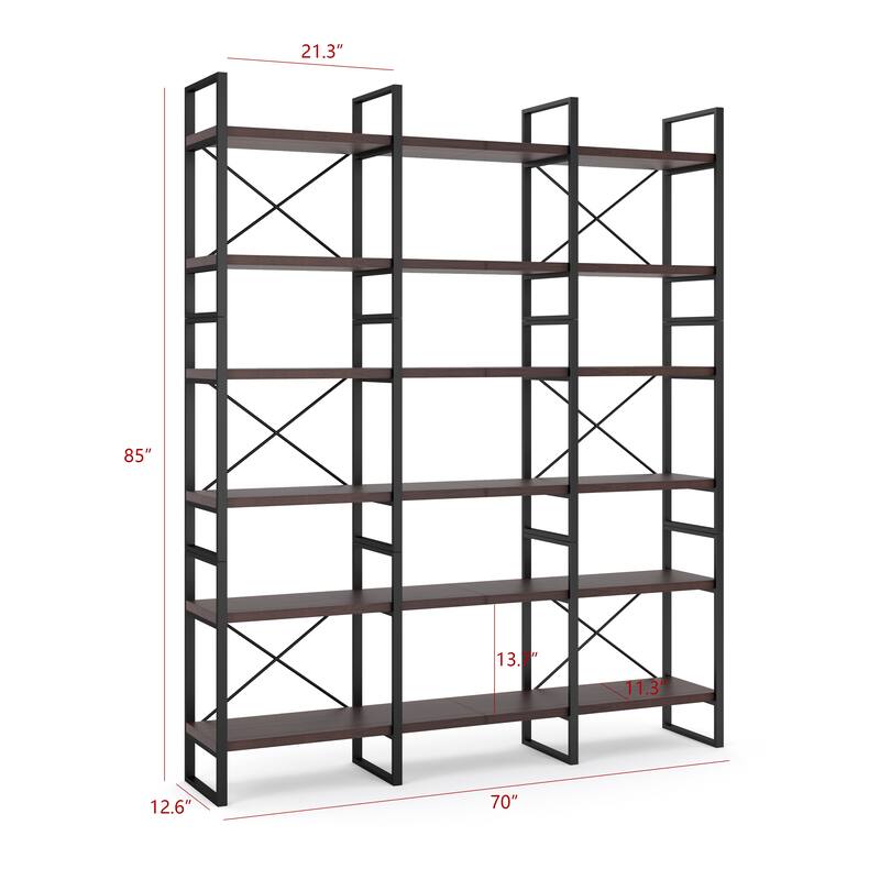 Davee Dark Walnut Color 6-Tiers Room Divider Bookcase - 85" H x 70" W x 12.6" D