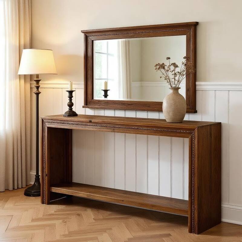 63" Solid Wood Console Table, Farmhouse Narrow Long Entryway Table with Shelf - 63" W × 11.6" D × 31.5" H