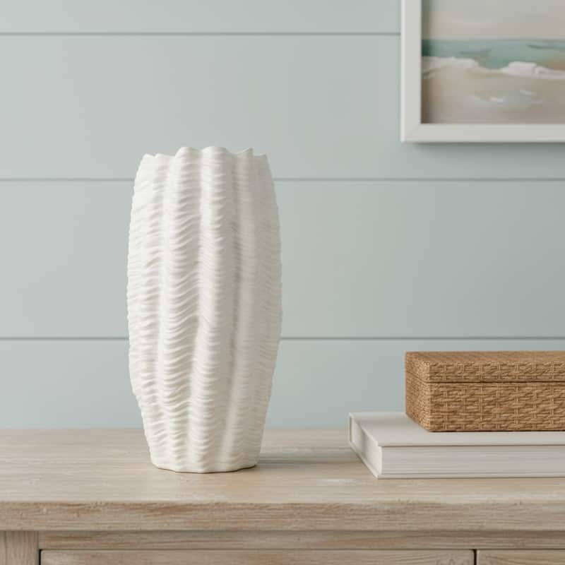 24" Cream Cylinder Ceramic Sculptural Waves Table Vase - 12.50 - Cream - 12.50