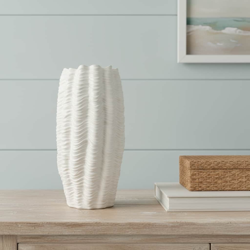 24" Cream Cylinder Ceramic Sculptural Waves Table Vase - 12.50
