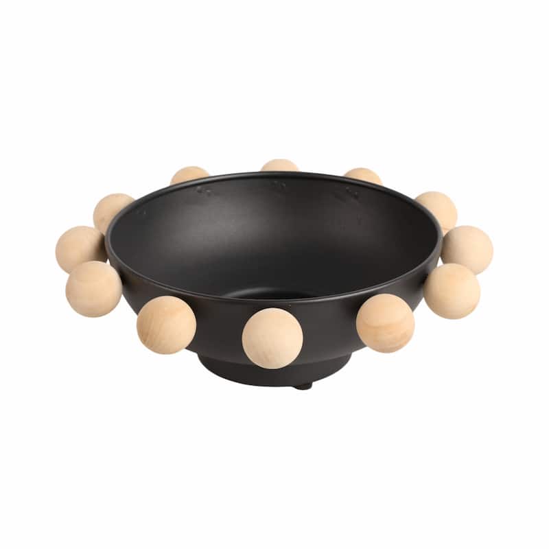 Wood and Metal Decorative Bowl with Fir Sphere Accents Modern Decor