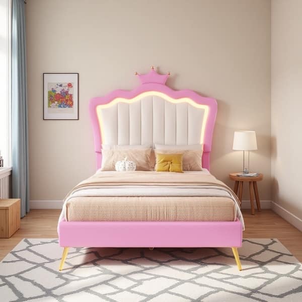 slide 2 of 27, Modern Twin Upholstered Princess Bed with Crown-Shaped Headboard, LED Lighting, Pink & White Frame, Sturdy Quiet Design Twin Pink+White - Twin