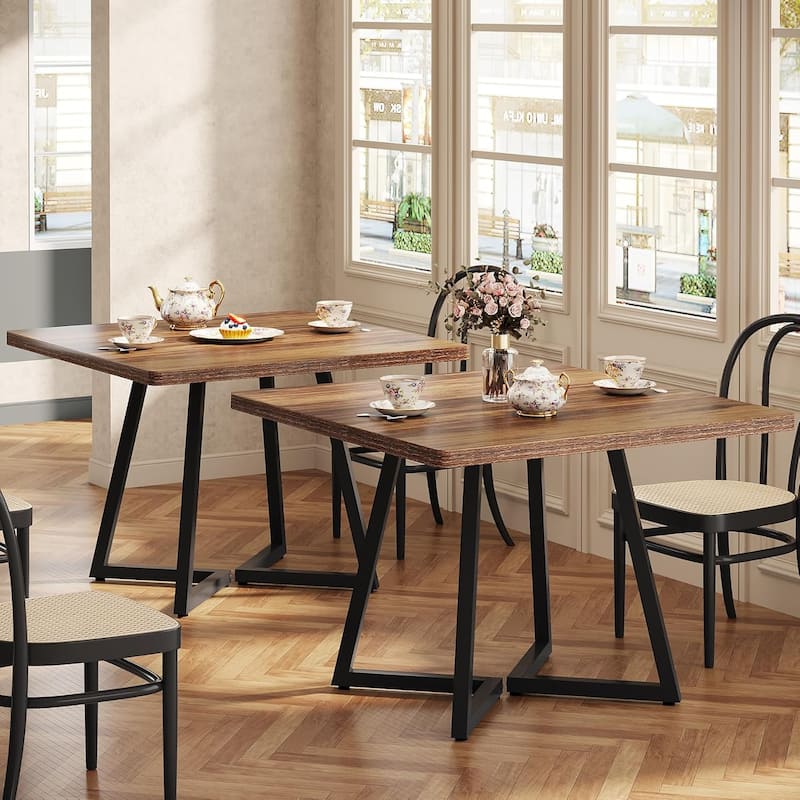 31.5 Inches Industrial Square Dinner Table with Metal Base - 2 PCS - Brown and Black