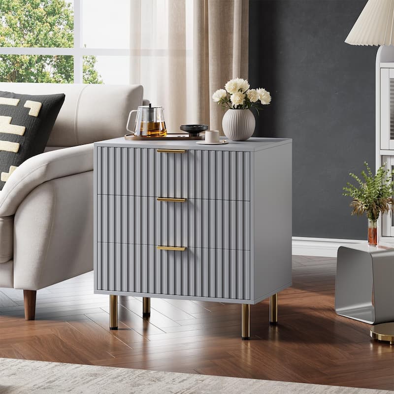Fluted 3 Drawer Dresser for Bedroom, Modern Wooden Chest with Deep Drawers and Wide Top - Grey