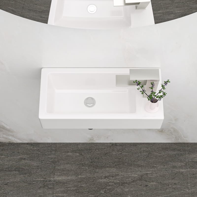 Modern Rectangular Wall Mounted Floating Bathroom Sink, Premium Ceramic with Faucet Hole and Installation Hardware